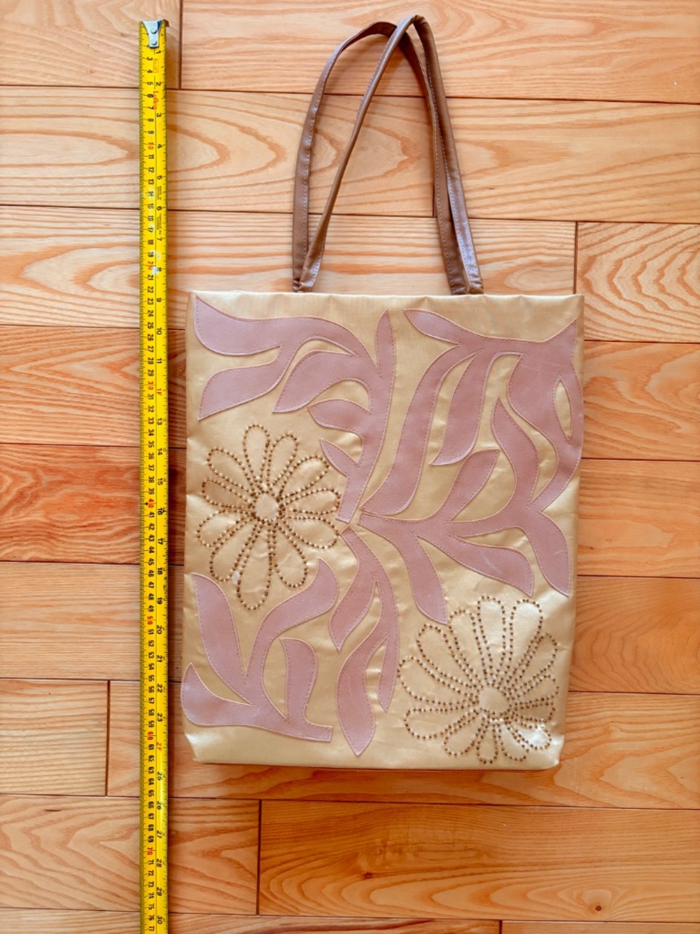 Vintage 90s Style Satin Applique Tote Bag Beaded Floral Shoulder Purse - Picture 6 of 9